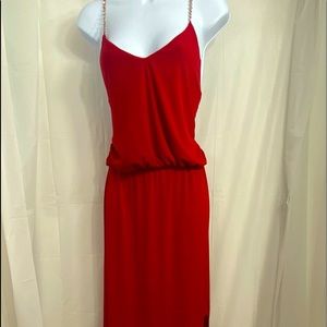 TFNC London Red Deep V-Neck Rhinestone Straps Maxi Dress Thigh High Slit…